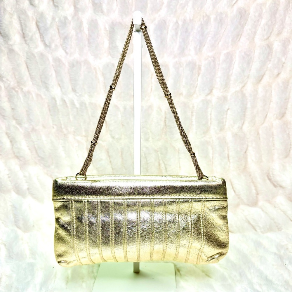Lauren Merkin Shimmery Gold Clutch with Chain Evening Bag/ Cocktail Party - Picture 2 of 10